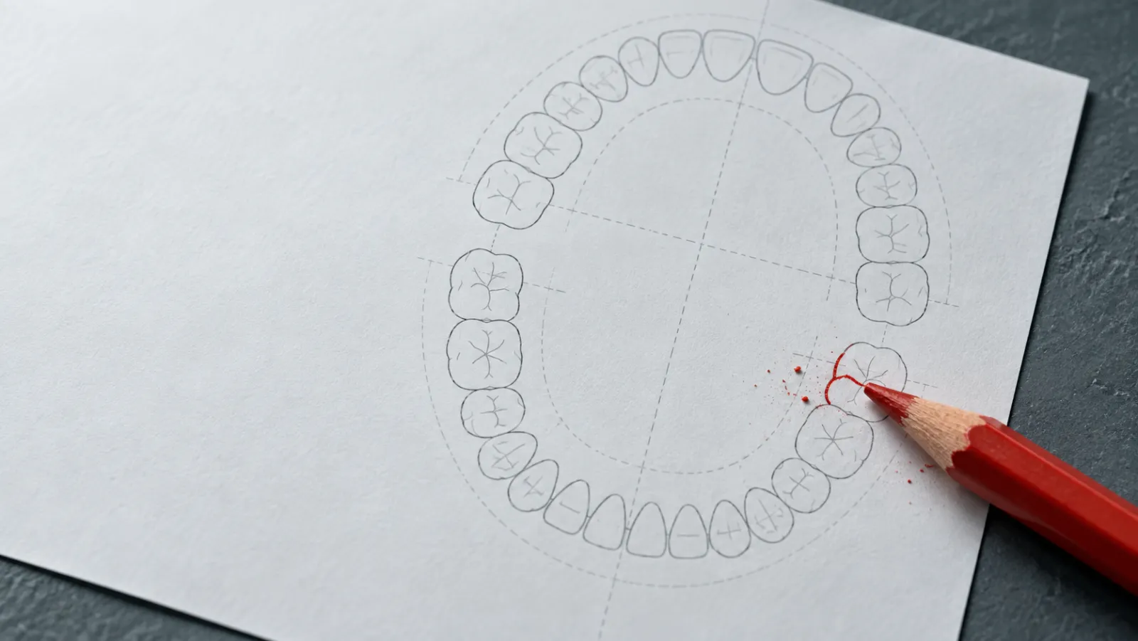 Illustrative close-up of a red pencil marking dental chart paper on a slate desk
