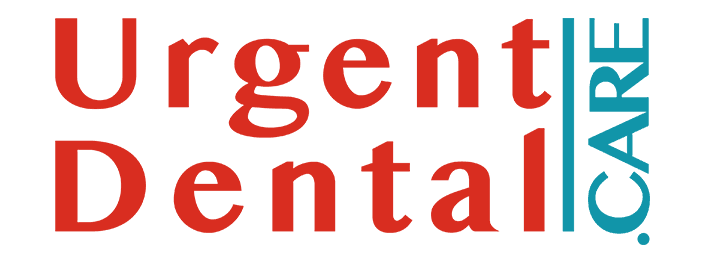 Urgent Dental Care, red wordmark and teal mark on a slate panel